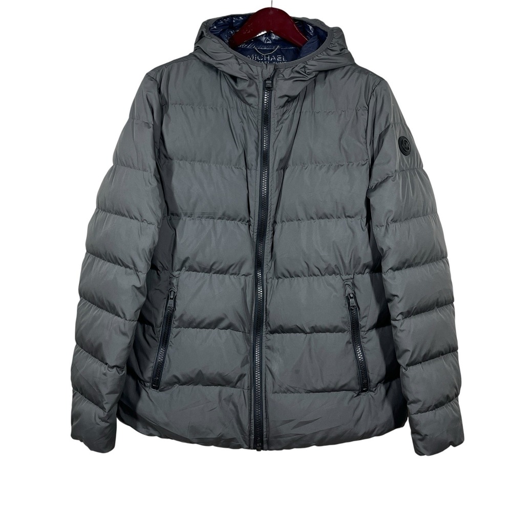 Michael Kors Down Puffer Jacket Mens M Gray Hooded Quilted Outdoors Full Zip
